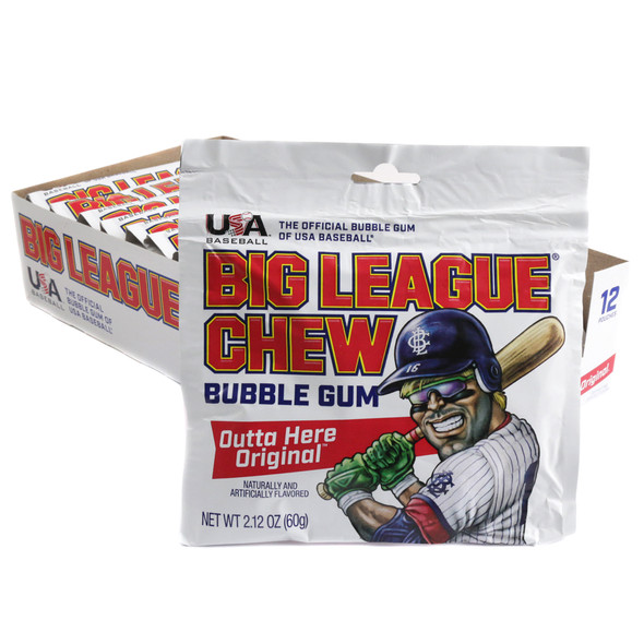 Big League Chew Outta' Here Original shredded pink bubble gum in red pouch, classic nostalgic baseball candy.