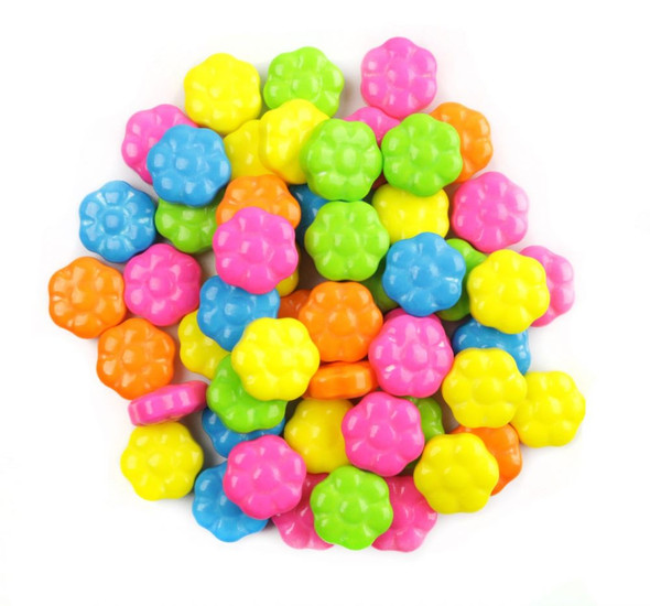 Flower Power flower shaped candy, sweet-tart fruit flavors, blue, green, pink, yellow, orange, approx 440 per lb.
