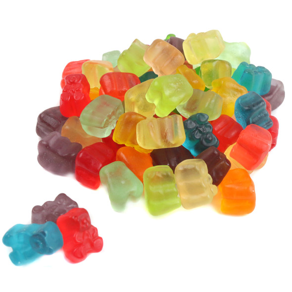 Colorful mini gummy bear cubs, 12 Albanese flavors, approx. 300 per pound.