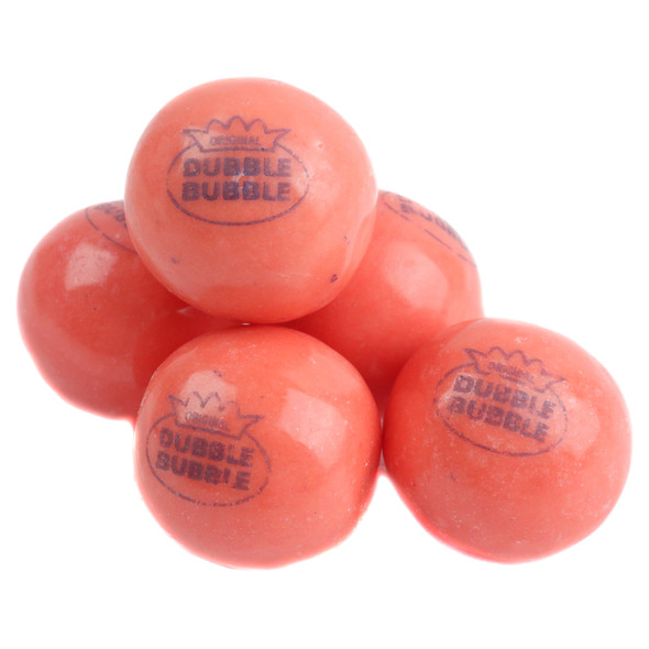 Dubble Bubble Original 1928 pink gumballs, 1-inch diameter, 50 count per pound. Classic fruity flavor.