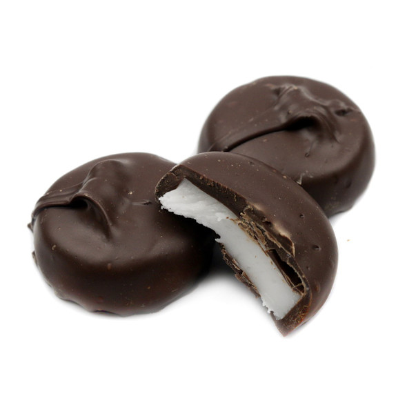 Ashers Dark Chocolate Covered Thin Mints, approx 23 dark chocolate pieces, with refreshing green peppermint center.