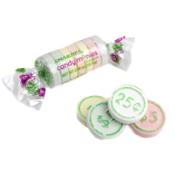 Large pastel Smarties Candy Money, sweet and sour with various money amounts printed on each piece.