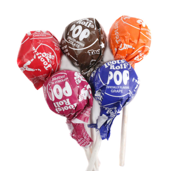 Bulk Tootsie Pops, assorted fruity lollipops: red, blue, orange, green, purple. Tootsie Roll center.