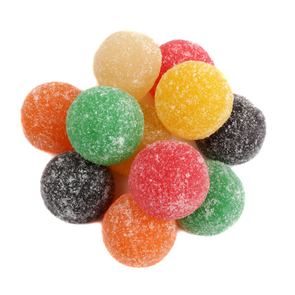 Plump, assorted colorful giant gumdrops, sugar-coated retro jelly candy, white, red, green, yellow, orange, dark purple, 45 per pound.