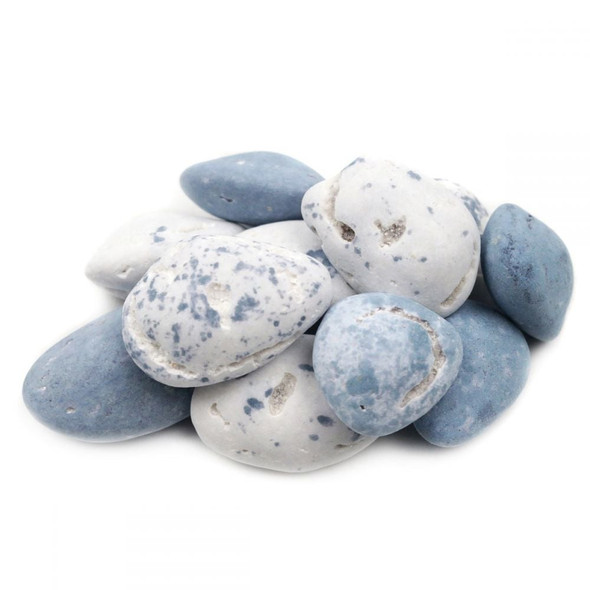 Realistic chocolate beach pebbles, 160 per pound. Varied natural stone colors, crunchy candy coating, smooth milk chocolate.