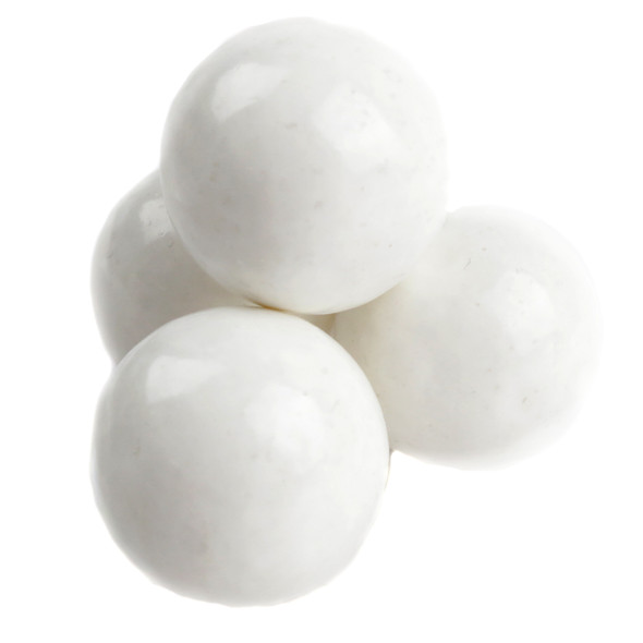 Pure white 1-inch tutti-frutti gumballs, approx 60 per pound. Ideal for wedding, baby shower, and event candy.