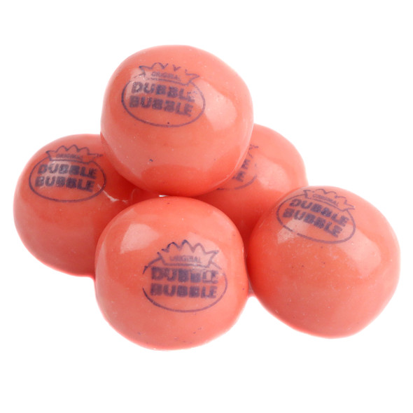 Dubble Bubble Pink Lemonade gumballs, vibrant pink, 1-inch diameter, approx 50 per pound, bulk baby shower candy.