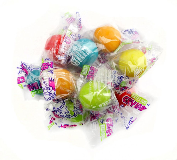 Cry Baby Sour Gumballs, individually wrapped, in yellow, red, green, orange, purple. Super sour, approx. 80 per lb.