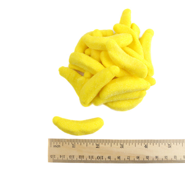 Yellow gummy bananas, 80 per pound, 2 inches long, sweet banana flavor, covered in yellow sugar candy.