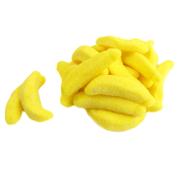 Yellow gummy bananas, banana flavored, coated in sweet yellow sugar, 2 inches long. Approx 80 per pound.