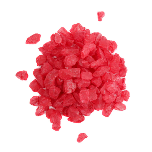 Bright red strawberry rock candy crystals, many pieces, perfect for festive holiday baking and dessert toppings.