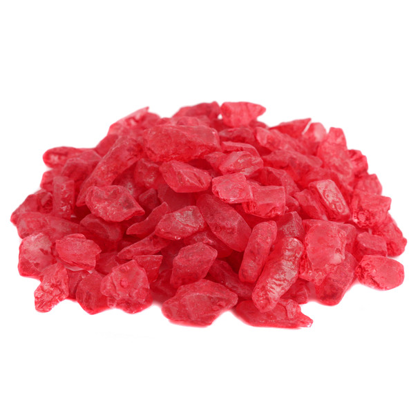 Beautiful, bright red strawberry rock candy crystals, ideal for holiday baking, decorating, and Christmas candy tables.