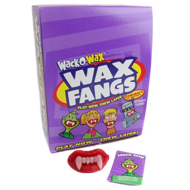 Wack-O Wax Fangs, 24 individually wrapped white wax vampire teeth, Halloween candy.