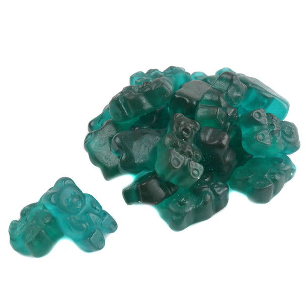 Vibrant blue Albanese Gummy Bears, blue raspberry flavored, 1 inch long, approximately 145 bears per pound.