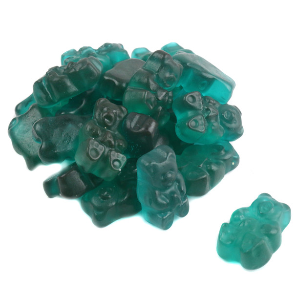 Vibrant blue raspberry gummy bears, 1 inch long. Bulk candy with approximately 145 bears per pound.