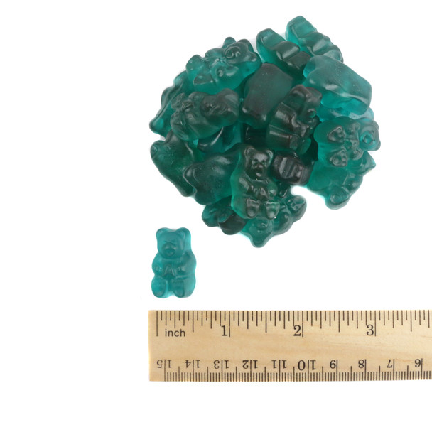 Vibrant blue gummy bears, 1 inch long, blue raspberry flavor, approx 145 per pound, Made in USA.