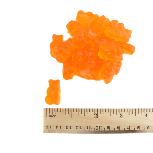 Bright orange Albanese gummy bears, citrusy orange flavor. Approx 145 bears per pound, 1 inch long. USA made, Halloween.