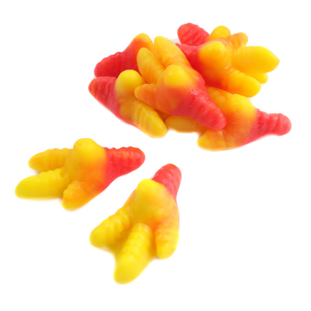 Gummy chicken feet candy, approx. 75 pieces per pound. Funny, unique treats for candy buffets, themed parties, gag gifts.