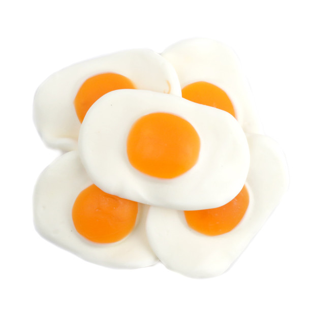 Approx 35 giant peach flavored gummy fried eggs, white & yellow, 3 inches each.