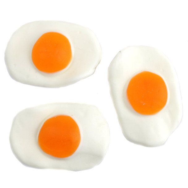 Giant Gummy Fried Eggs, 35 peach flavored pieces, 3 inches each. White & orange gummy candy.