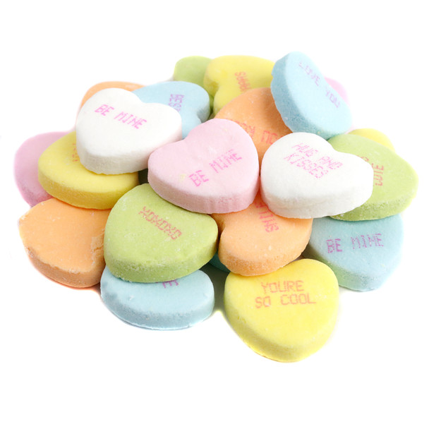 Large pastel Rito Conversation Hearts with 'Be Mine' & 'Only You' Valentine's phrases. Approx 160 pieces per pound.