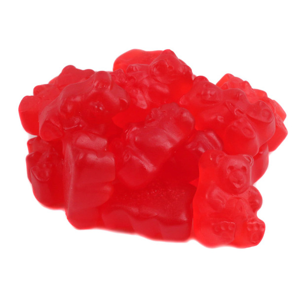 Albanese Cherry Gummy Bears, vibrant red, 1-inch long, wild cherry flavor, approx. 145 per pound, USA made.