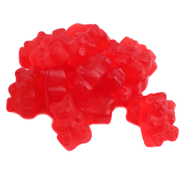 Albanese Cherry Gummy Bears, vibrant red, 1-inch, wild cherry flavor, approx 145 per pound, USA-made.