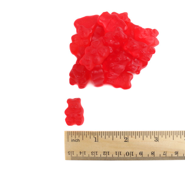 Albanese Cherry Gummy Bears, vibrant red, 1 inch, 145 per pound, wild cherry flavor, Made in USA.