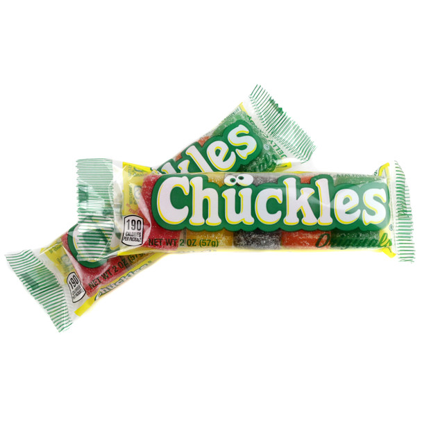 Chuckles Assorted 24 pack, classic jelly candy bars. Red cherry, orange, green lime, yellow lemon, black licorice flavors.
