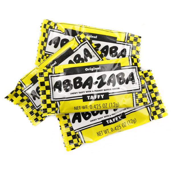 Vibrant yellow Abba Zaba Mini candy bars, taffy exterior, rich peanut butter center. Approx 38 pieces per pound.