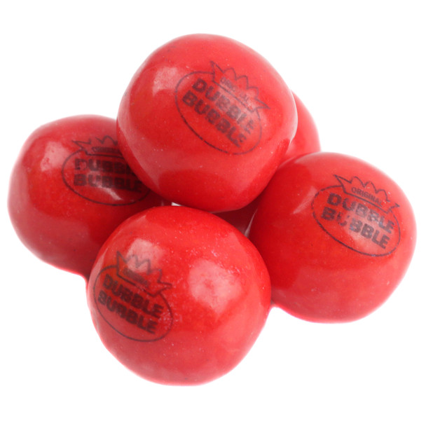 Dubble Bubble Hot Cinnamon Gumballs, bright red, 1 inch, approximately 55 per pound, spicy flavored candy.