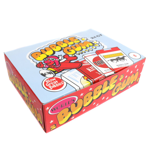Vibrant red bubble gum cigarettes, 24 per pack, 8 different labels. Classic retro bubblegum candy.