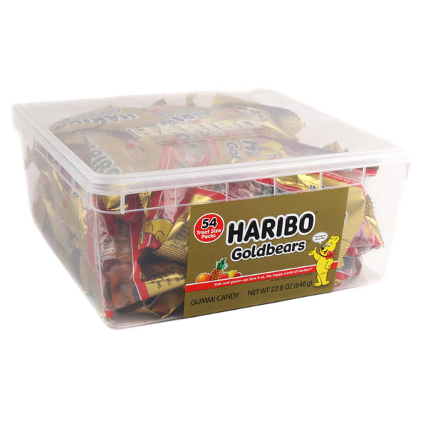Haribo Gold Bears 54 mini packs, rainbow fruit gummy candy in small gold pouches.