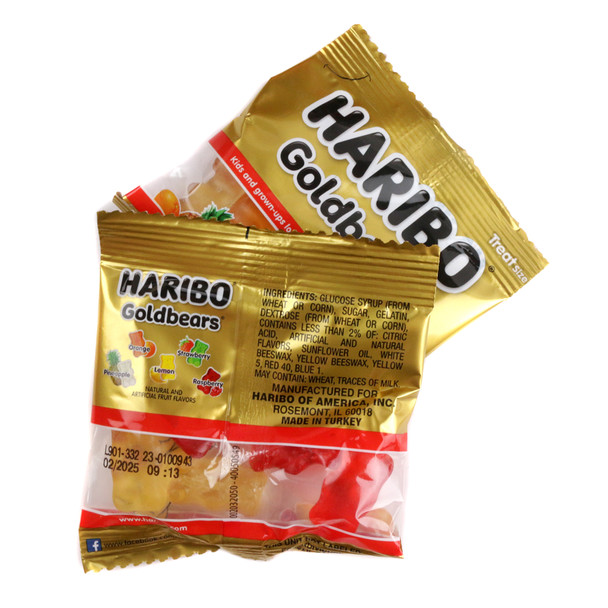 Haribo Gold Bears 54ct mini packs, fruity gummy candy in small gold packets, colorful red orange yellow green bears.