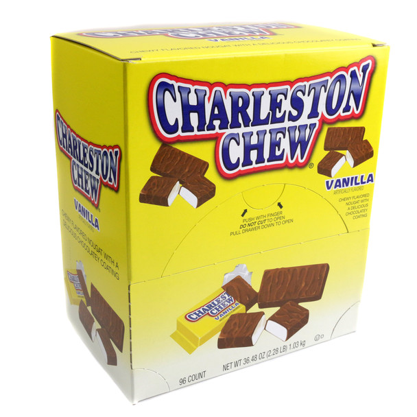 96 Charleston Chew Change Maker vanilla nougat candy bars, chocolate coated, in iconic yellow wrappers.