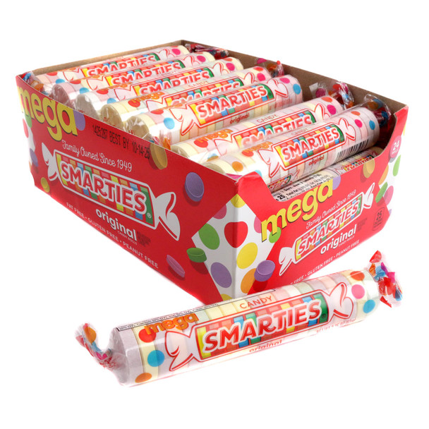 Mega Smarties, 1-inch diameter, 19 pastel colored pieces per roll. Fruity, gluten-free, vegan candy.