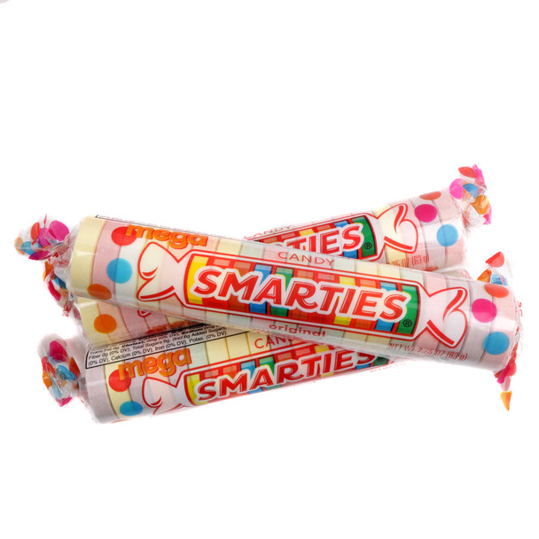 Mega Smarties, oversized 1-inch pastel candy, 19 pieces per roll, classic fruity flavors. Gluten-free, vegan.