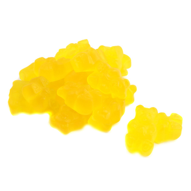 Albanese Gummy Bears Mango, vibrant yellow, 1-inch, tropical candy, approximately 145 per pound.