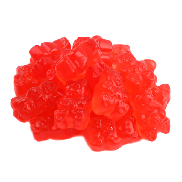 Bright red strawberry gummy bears, 1 inch long, approximately 145 pieces per pound. Albanese Gummy Bears.