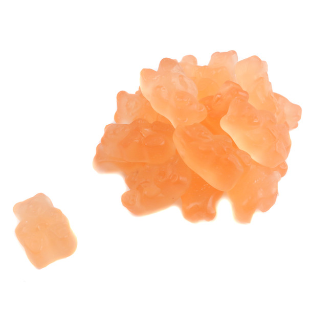 Light coral Pink Grapefruit Gummy Bears, 1 inch long, approximately 145 per pound.