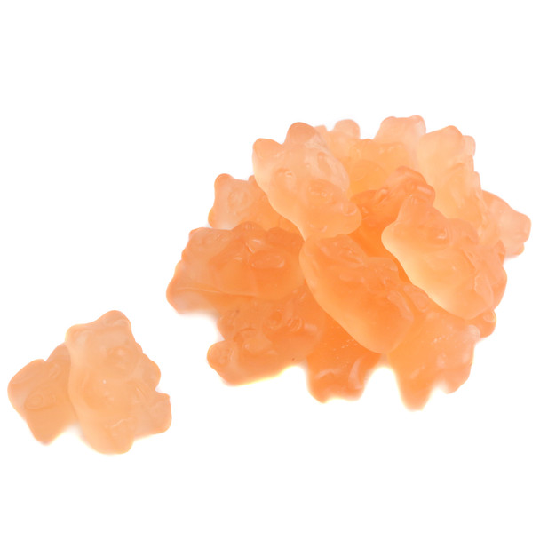 Pink Grapefruit gummy bears, tart, light coral, 1-inch long, approximately 145 per pound.