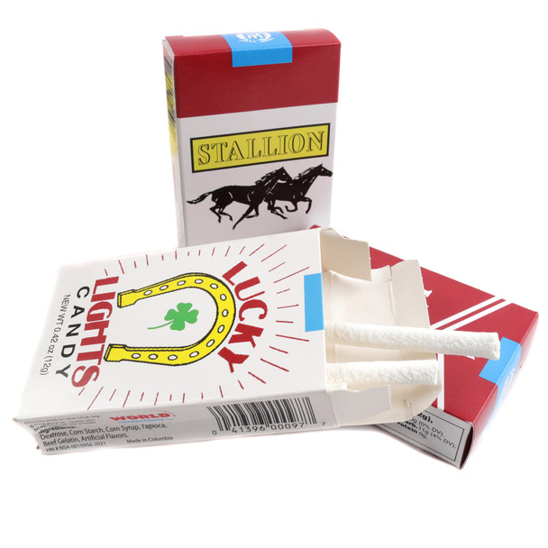World Confections retro candy cigarettes, white sticks, 8 per pack, 24 packs per case.