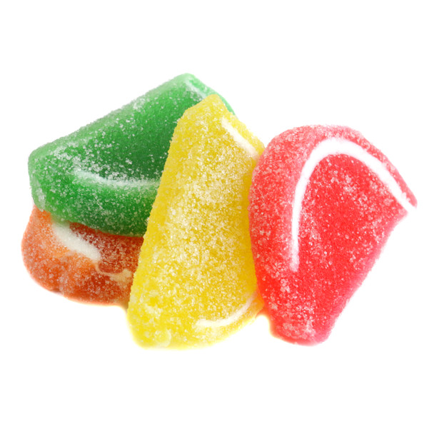 Boston Fruit Slices Mini, 5 lb box. Rainbow colors, sugar-sanded, soft, chewy orange, lemon, lime, cherry candy.