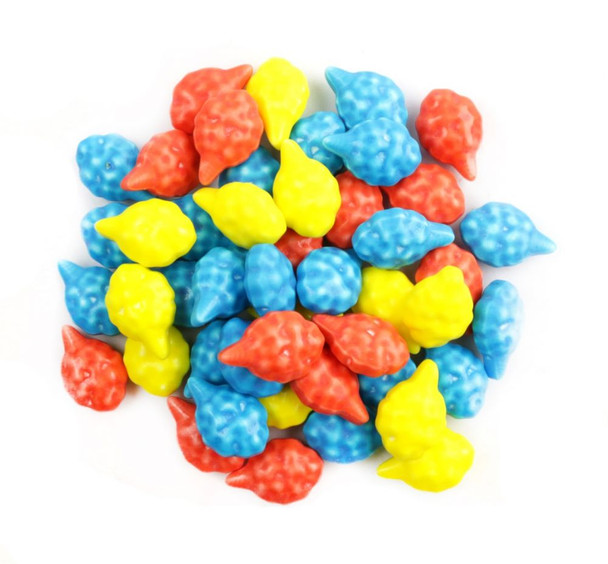 Cotton Candy Pressed Candy, uniquely shaped, bold yellow, blue, red. Approximately 400 pieces per pound, bulk.