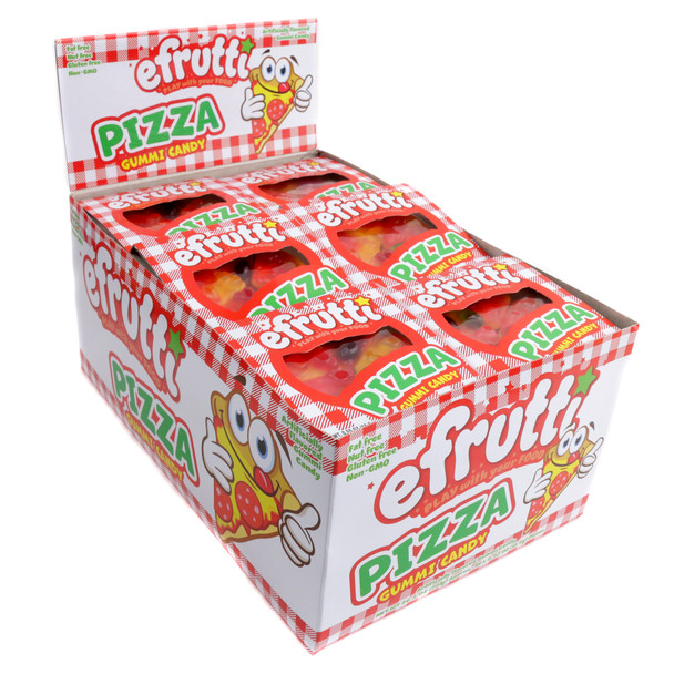 48 individually wrapped realistic mini gummy pizzas, topped with red tomato, green pepper, mushrooms, white mozzarella, sliced.
