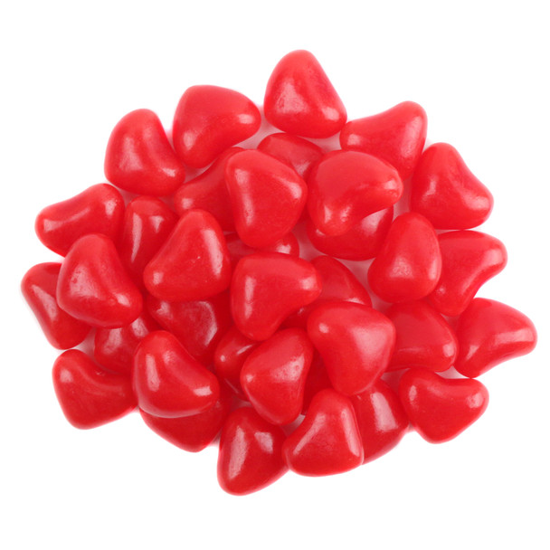 Red, heart-shaped Jelly Belly Cinnamon Lovers Hearts, 140 pieces per pound, intensely flavored cinnamon jelly beans.