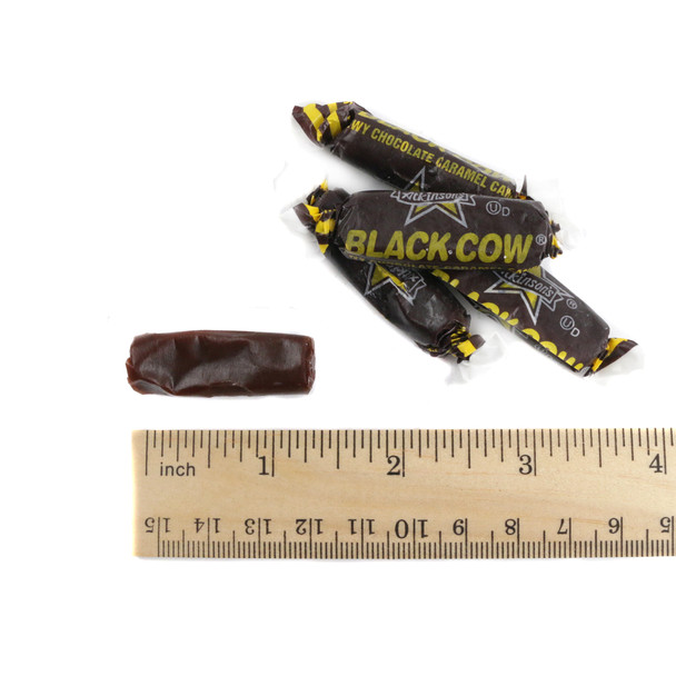 Black Cow chocolate caramels, approx 97 chewy brown pieces per pound, made by Atkinson Candy, USA.