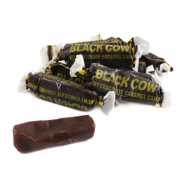 Atkinson Black Cow chocolate caramels, dark brown, approximately 97 pieces per pound, USA made.