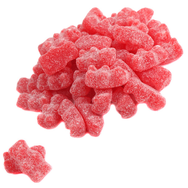 A pile of spicy, sugar-sanded red Jelly Belly Unbearably Hot Cinnamon Bears showing their dusted outer coating.