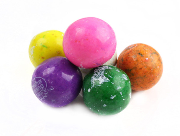 Dubble Bubble Splat Gumballs, bright tie-dye rainbow colors, 1-inch, approx 50 per pound, classic bubble gum flavor.